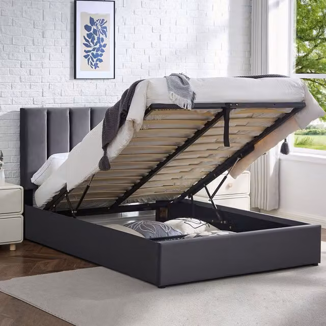 Furniture One Grey Upholstered Platform Bed with Lift Up Storage Base and Adjustable Headboard, Width: 162 cm