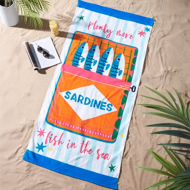 Catherine Lansfield Sardines Cotton Beach Towel, Blue and Multicolour, W/H: 76 x 160 cm – 1