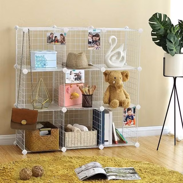 SONGMICS 9-Cube Freestanding Metal Mesh Storage Shelves with White PP Plastic Sheets