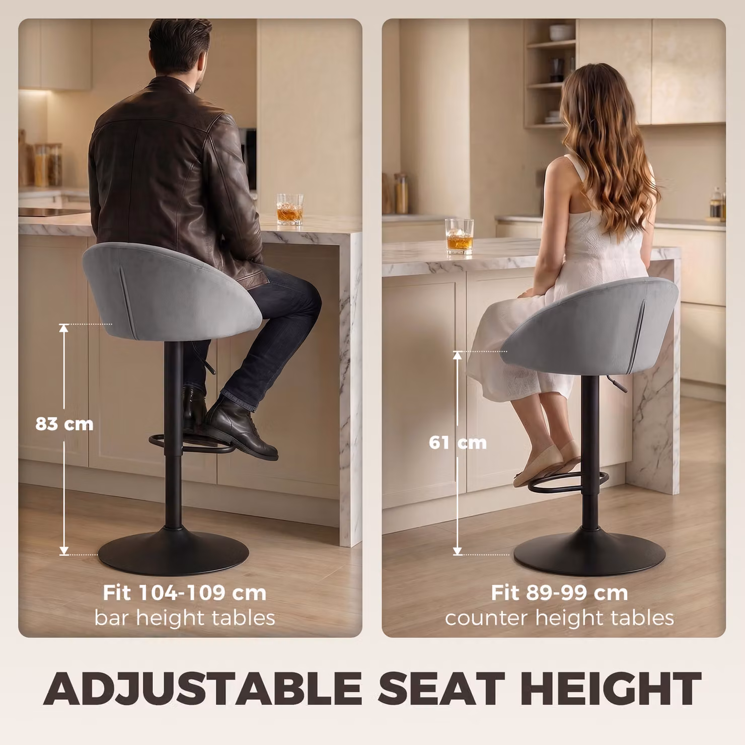 HOMCOM Modern Grey Velvet Swivel Counter Stool with Backrest – 4