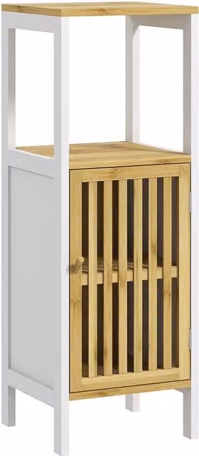 HOMCOM Retro Bamboo-Blend White Bathroom Storage Unit with Cupboard and Internal Shelves, H 90.5 x W 32.0 x D 7.3 cm – 1