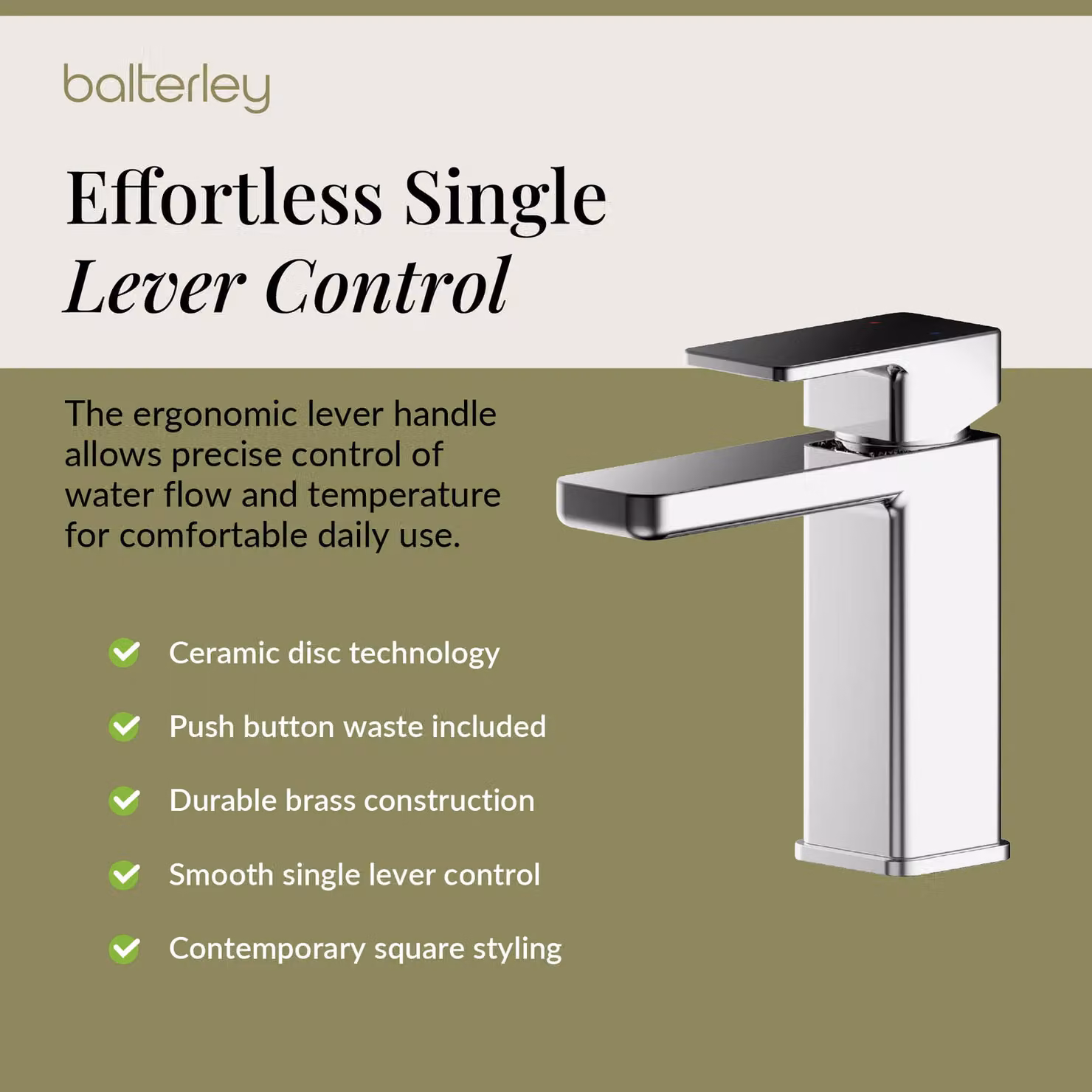 Balterley Square Mono Basin Mixer Tap with Pop Up Waste in Chrome Silver – 3
