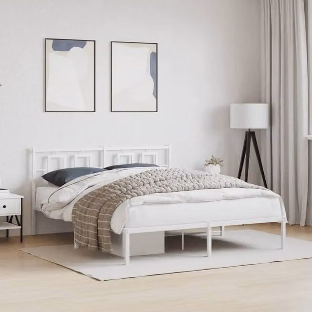 Berkfield Home Metal Bed Frame with Headboard in White, W/D/H: 150 x 200 cm