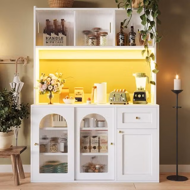 ModernLuxe Tall Kitchen Pantry Unit with Glass Doors, Internal Drawers and LED Lighting, White – 1