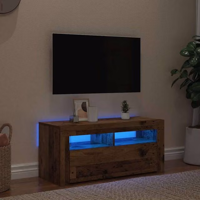 Berkfield Home TV Cabinet with LED Lights in Old Wood, W/D/H: 90 x 35 x 40 cm – 1