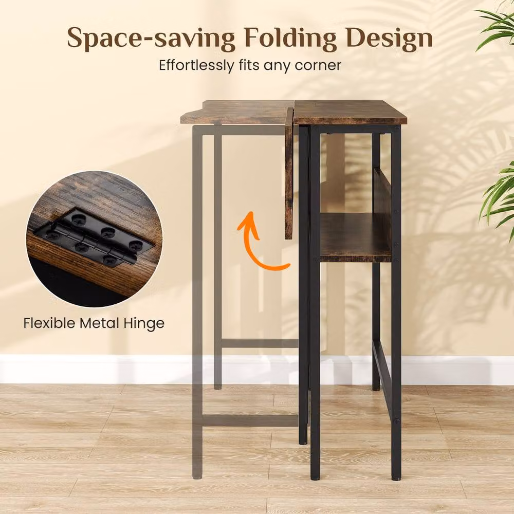 Costway Small Folding Computer Desk with Storage Shelf in Brown – 9