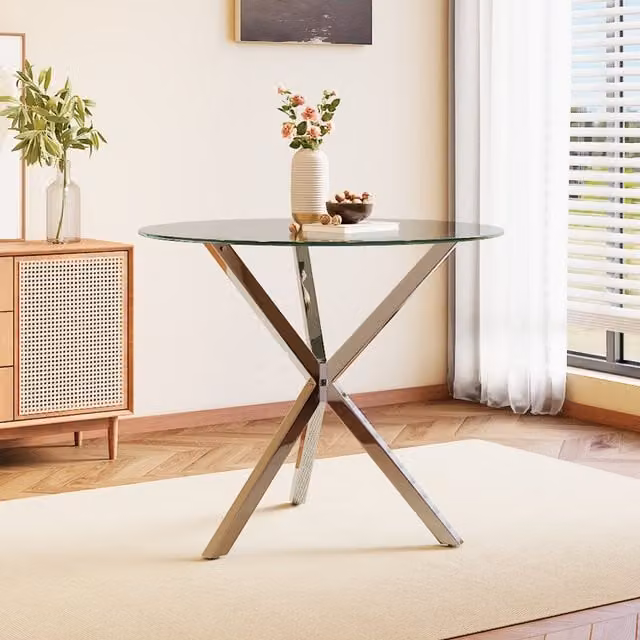 Livingandhome Modern Round Clear Tempered Glass Top Dinner Table with Silver X-Frame