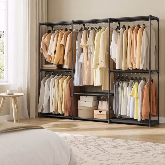 The Bazaarist Portable Large Wardrobe Closet with Hanging Rods and Internal Shelves, Black