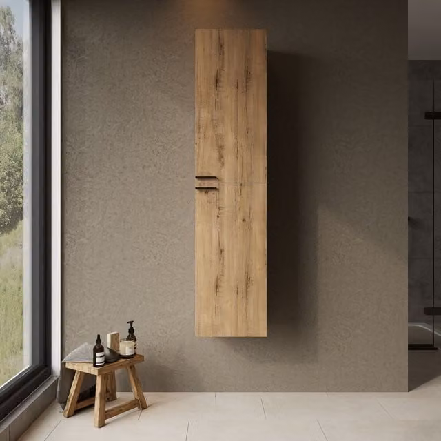 Banyetti Celtic Wall Hung Tall Bathroom Cabinet in Light Oak with Matt Black Handles, H 150 cm x W 31 cm x D 31 cm