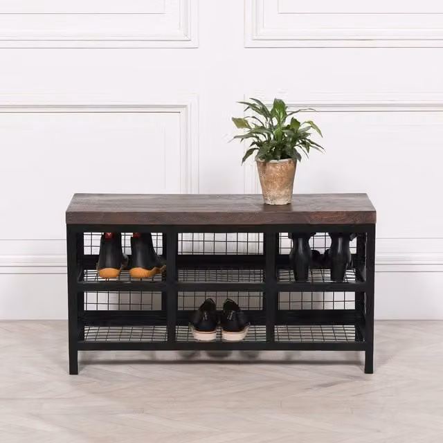 Glasstone Black Metal and Brown Wood Industrial Shoe Rack Storage Bench – 1