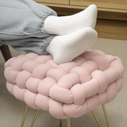 HOMCOM Pink Velvet Square Foot Stool with Metal Legs – 5