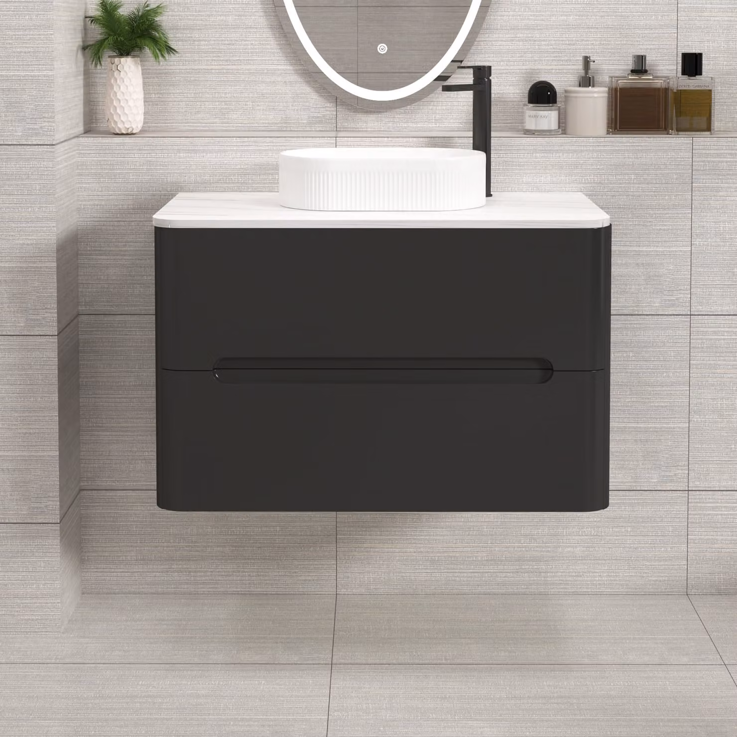 Royal Bathrooms Venice 800mm Wall Hung Vanity Unit with 2 Drawers and Lyon Basin in Matt Nocturne Black