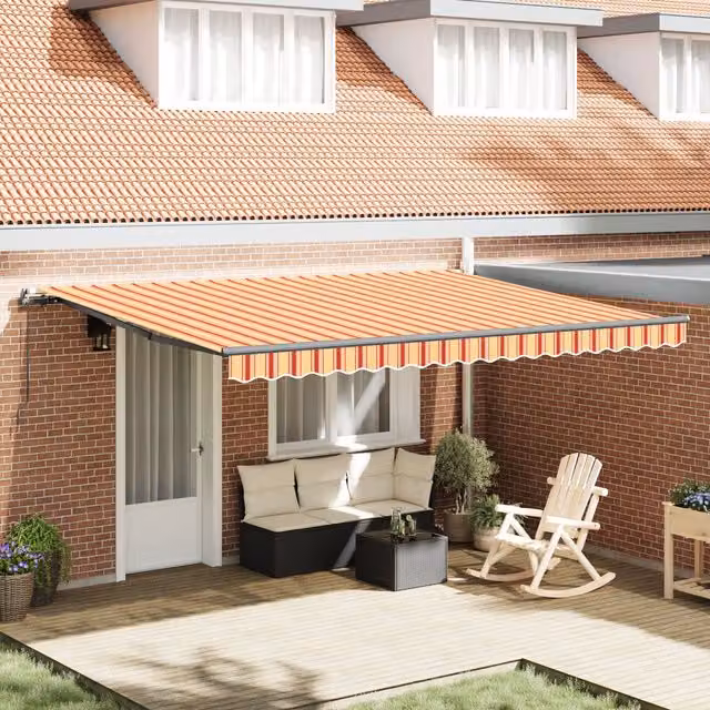 Berkfield Home Manual Retractable Wall-Mounted Awning in Yellow and Orange, W: 450 cm, D: 350 cm – 1