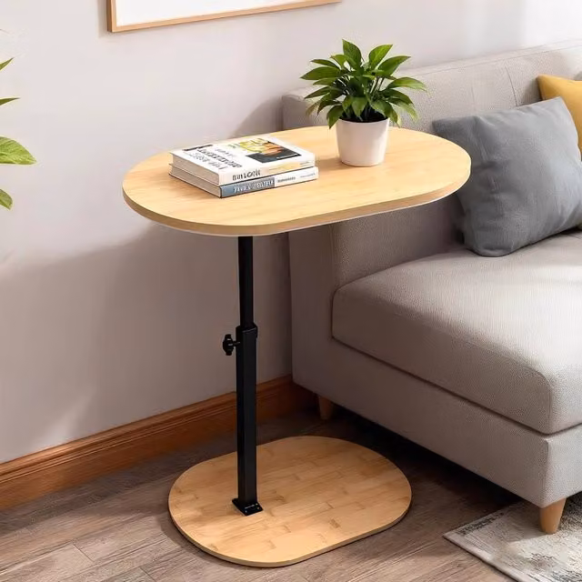 FORGEVIO C-Shaped Bamboo Side Table with Rotating Top and Height Adjustable TV Tray in Natural
