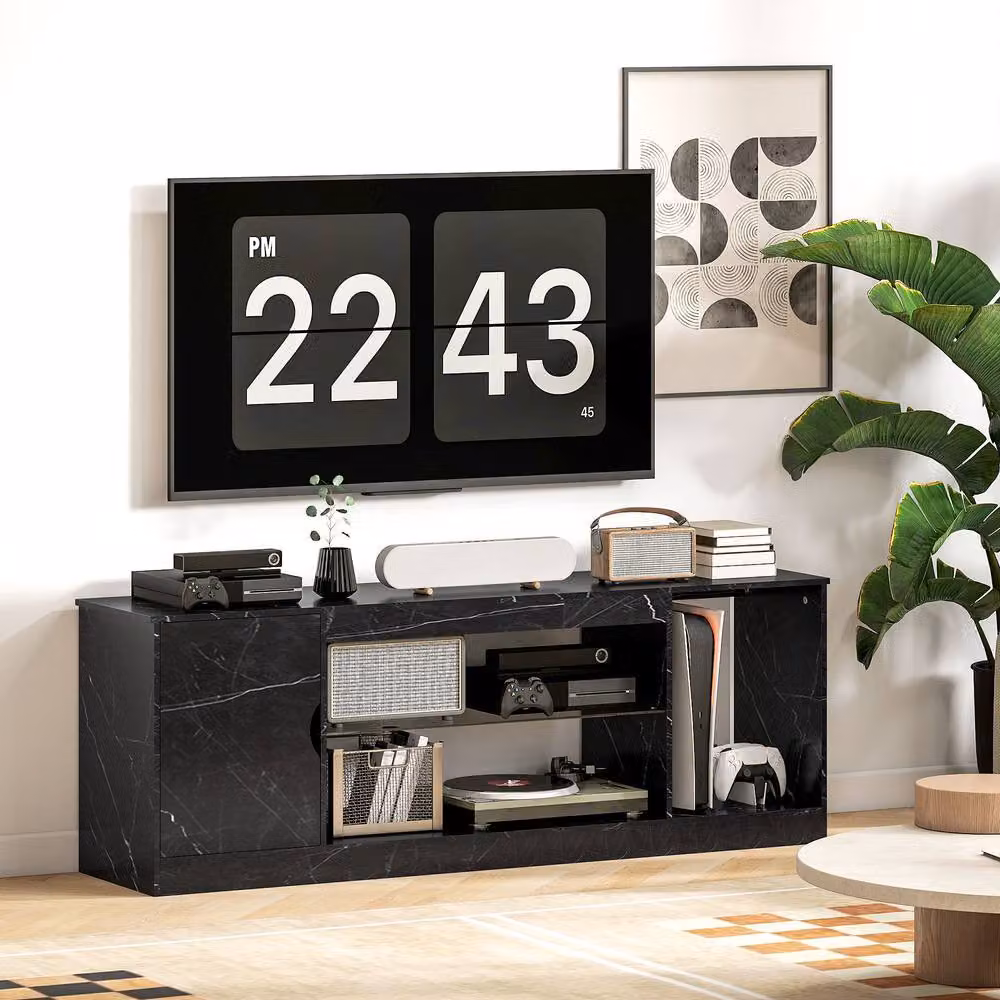 STILVORA Modern TV Stand with Cabinet and Glass Shelf in Black – 8