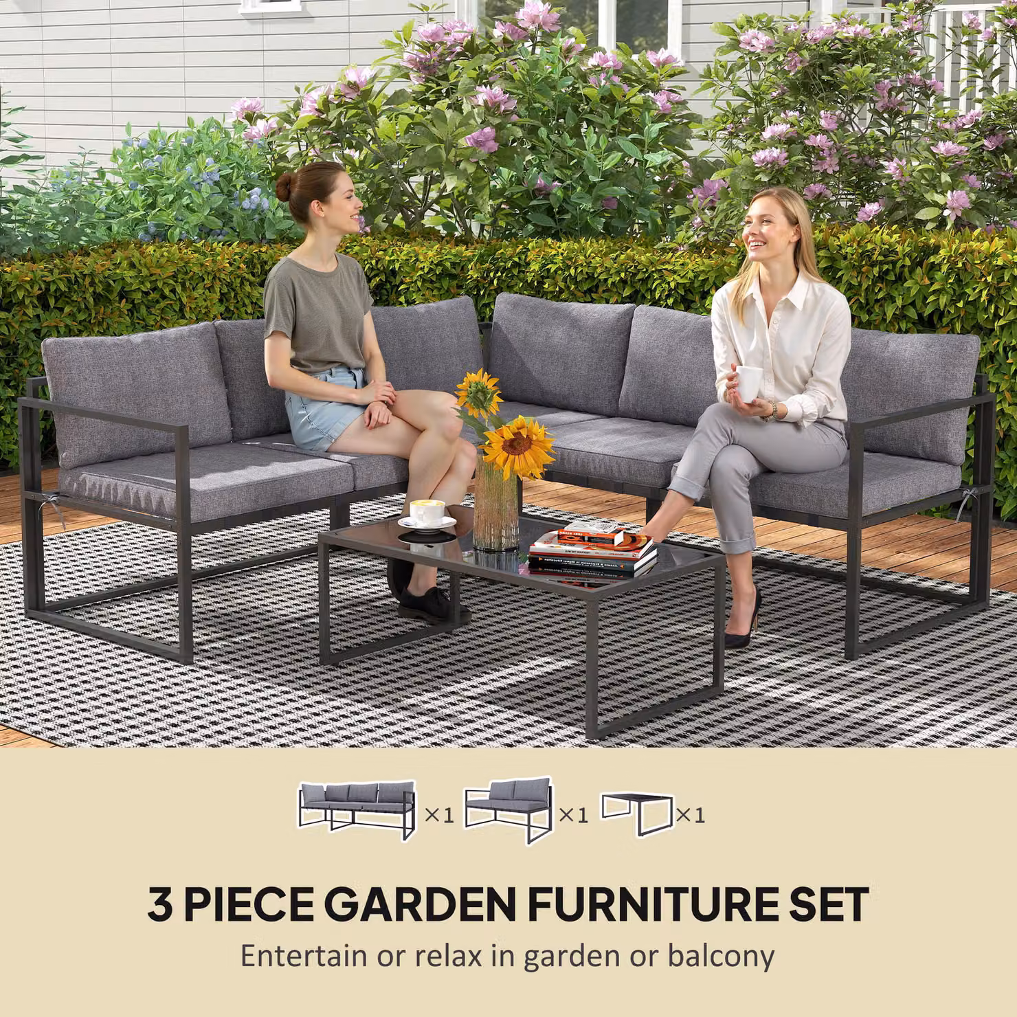 Outsunny L-Shaped Garden Corner Sofa Set with Tempered Glass Coffee Table and UV-Resistant Upholstered Cushions, Grey – 4