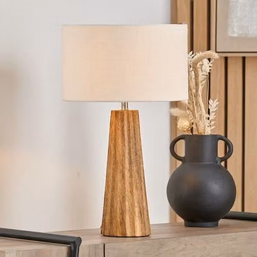 Ruma Mango Wood Textured Cone Table Lamp in Natural Sand and Brown – 1