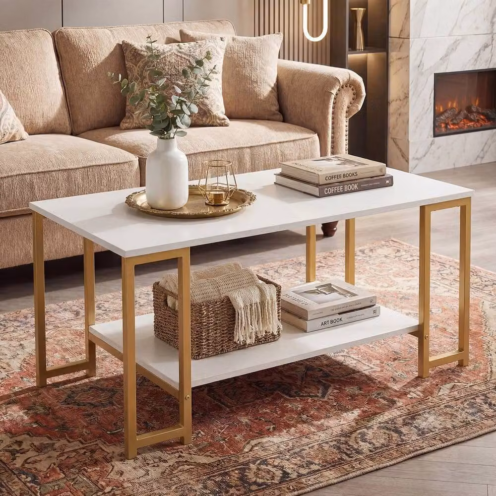 Havendro Modern 2-Tier Rectangular Coffee Table with Open Storage Shelf in White Metal, W/D/H: 100 x 49.5 x 49.5 cm – 2