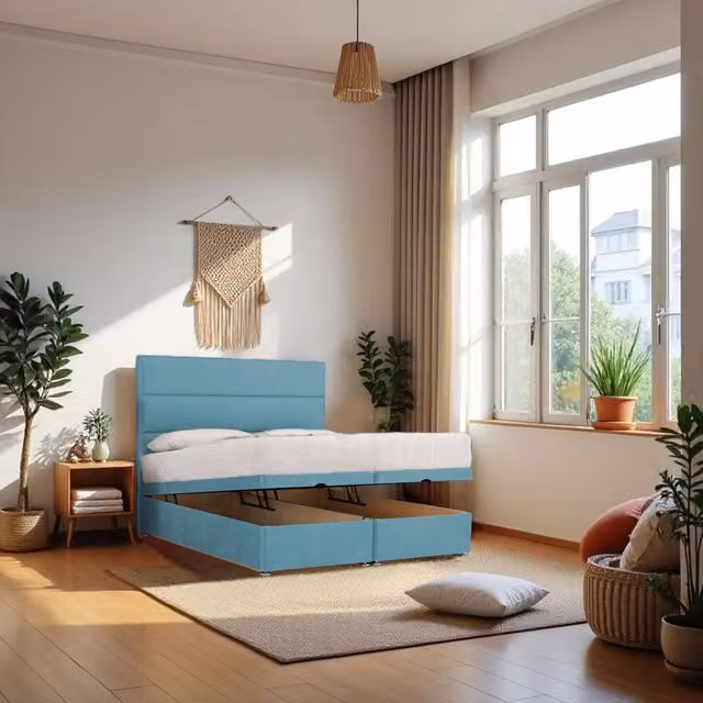 Knight Sleep York King Size End Opening Ottoman Bed with Orthopaedic Hybrid Mattress and 24 inch Headboard in Light Blue