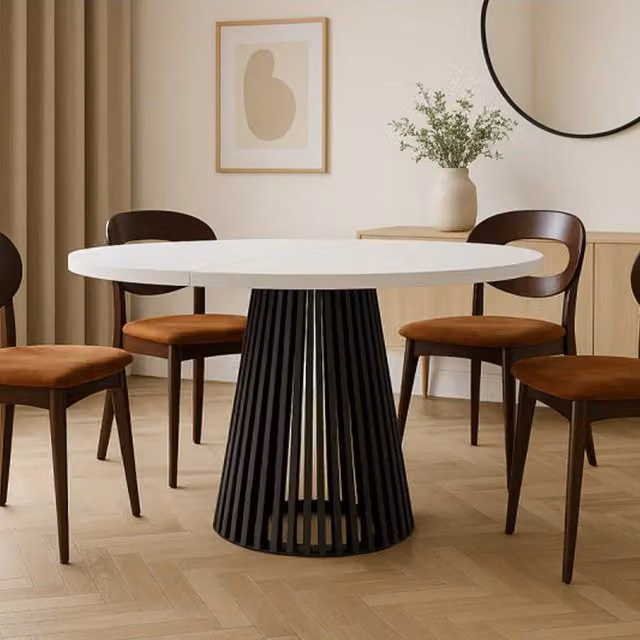 Heze Furniture Ruston Round Extendable Dining Table with Slats in White and Black