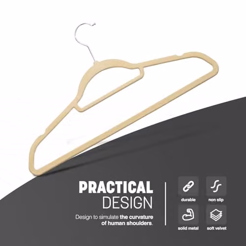 KEPLIN Velvet Non-Slip Clothes Hangers with Swivel Hook and Tie Bar, Beige, 50 Pack – 3