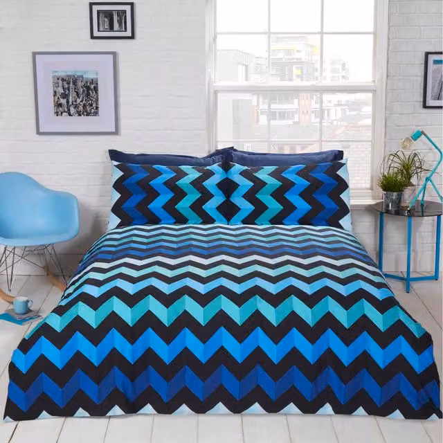 Rapport Home Three D Blue Striped Polycotton Reversible Duvet Set with Pillowcase