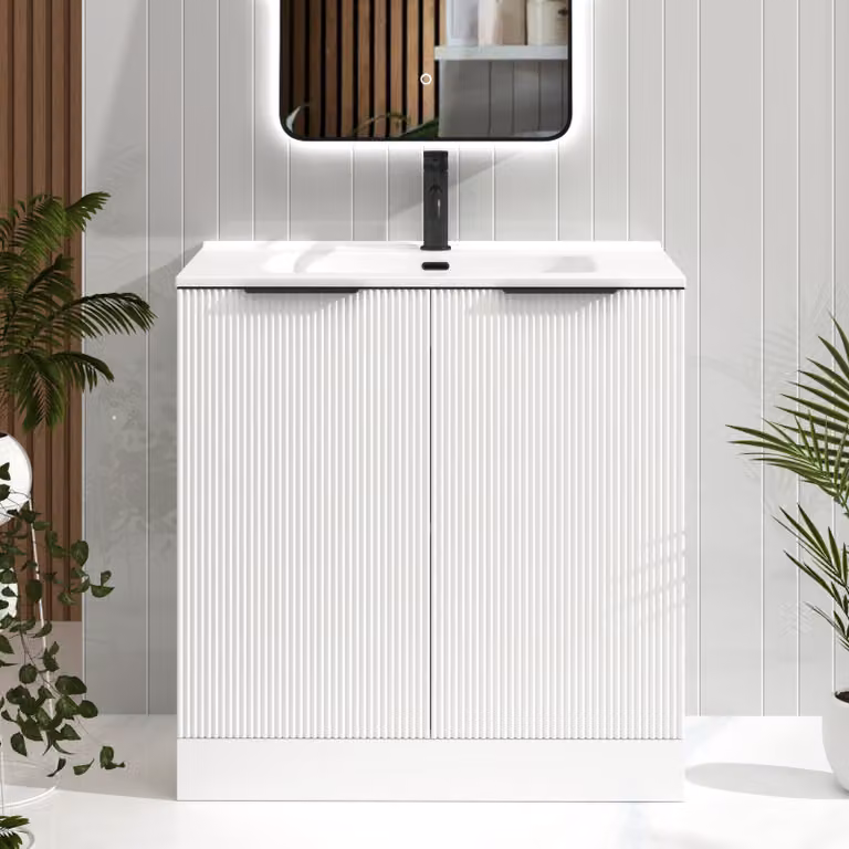 Royal Bathrooms Evora 800mm Matt White Fluted Floor Standing 2 Door Vanity Unit with Ceramic Basin and Matt Black Handles
