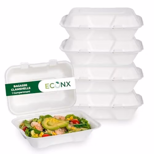 ECONX 200pcs White Disposable Bagasse Clamshell Takeaway Food Boxes with Lids, 1 Compartment, 9x6 Inch, Eco Friendly Microwave Safe Containers – 1