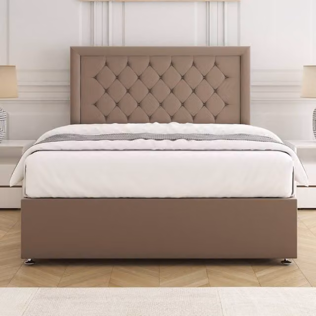 BSSPOKE Nova Plush Velvet Divan Bed Set with 24 inch Headboard and Mattress in Bronze, Double, W/D/H: 140 x 200 cm