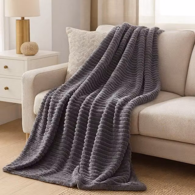 Voltico Luxury Ribbed Polyester Throw in Navy and Grey, W: 150 cm, D: 200 cm
