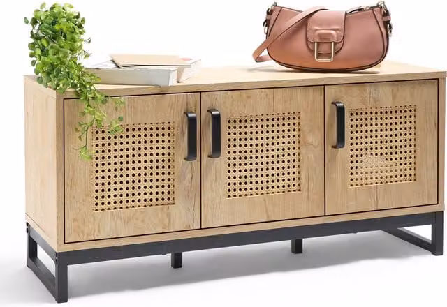 VonHaus Boho Style Hallway Storage Cabinet with Rattan Hinged Doors in Brown, Black and Beige