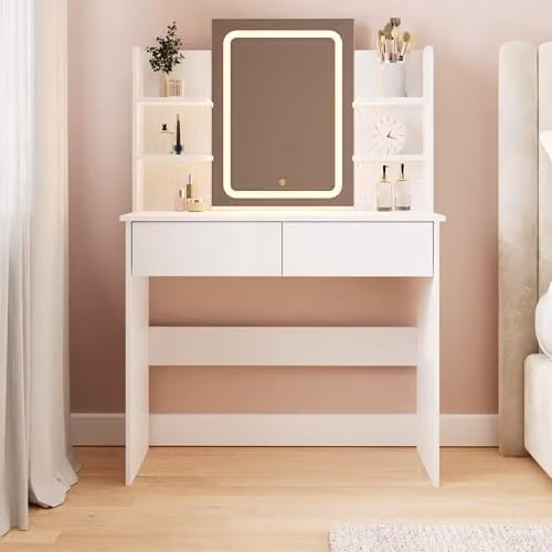 GFW Sadie White Dressing Table with Hollywood LED Mirror and Drawers