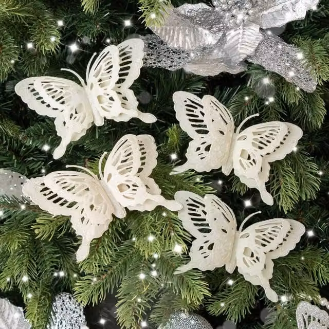 Melody Maison Set of 4 White Glitter Butterfly Christmas Hanging Decorations