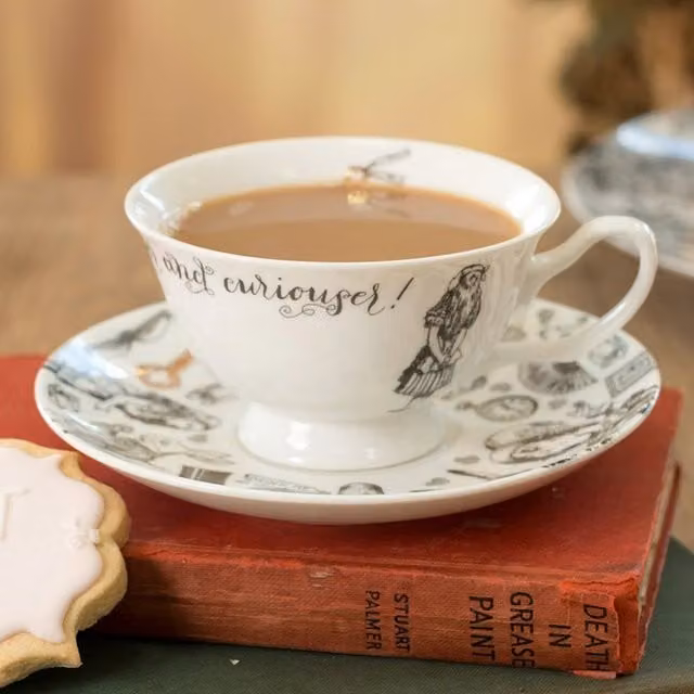 Victoria And Albert Alice In Wonderland Bone China Tea Cup and Saucer in White, Black and Gold