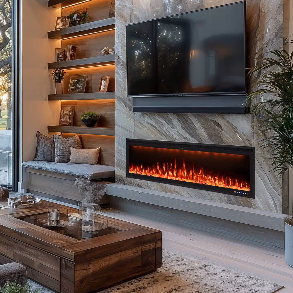 Omni-Burn Black Recessed or Wall Mounted Electric Fireplace with App Control, W: 152 cm, D: 16.02 cm, H: 42.84 cm – 4