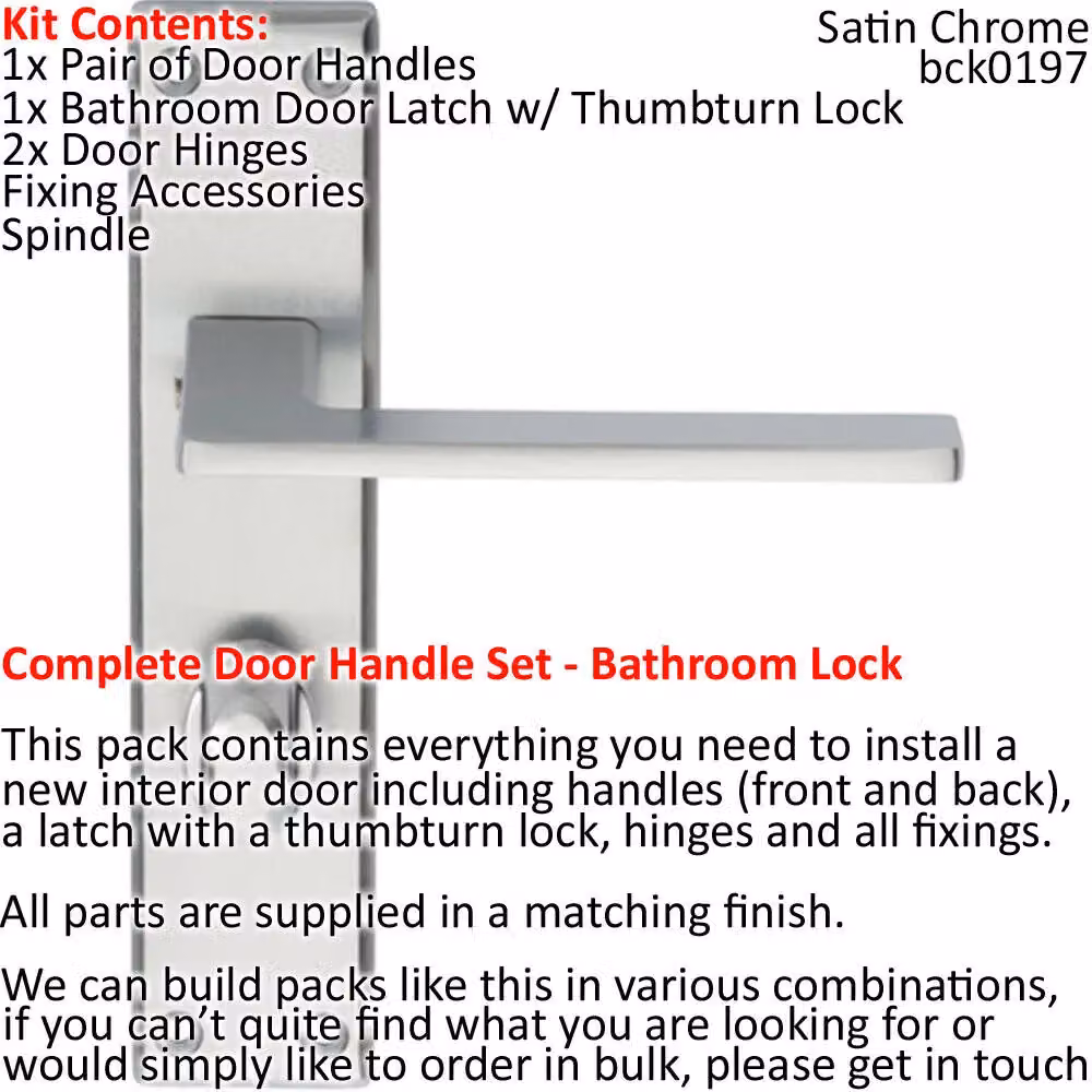 Loops Door Handle and Bathroom Lock Pack in Satin Chrome with Flat Arm Square Thumb Backplate – 2