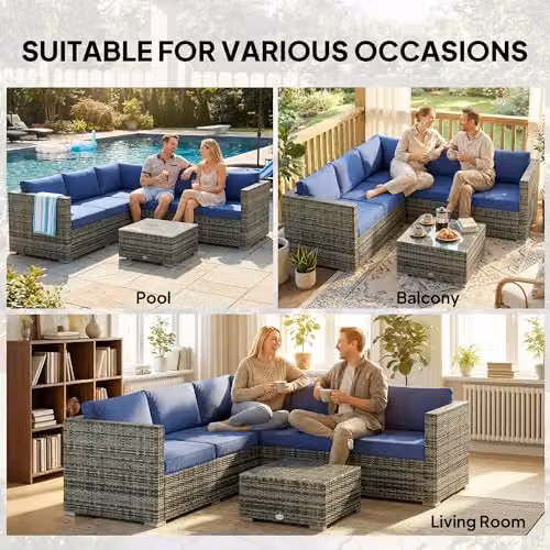 Outsunny 4 Piece Blue Rattan Garden Furniture Set with L-Shape Corner Sofa, 2-Seater Sofa, Coffee Table and Upholstered Cushions – 6