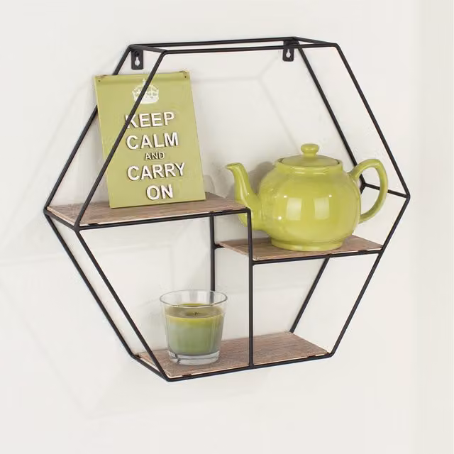 Core Products Ltd Hexagonal Geometric Wall Mounted Display Shelf in Black and Oak Wood and Metal, W: 42 cm, D: 12 cm