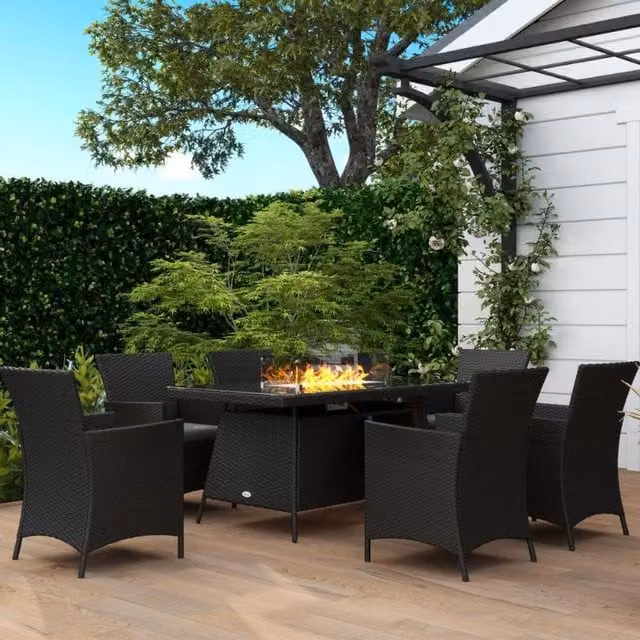 Kos 7 Piece Modern Outdoor Rattan Garden Furniture Set with Black Fire Pit Table