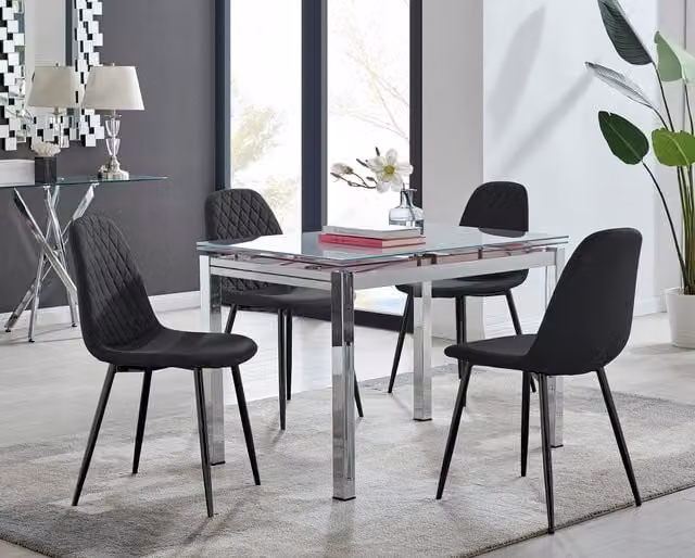 Furniturebox Enna White Glass Extending Dining Table and 4 Corona Black Leg Chairs Set
