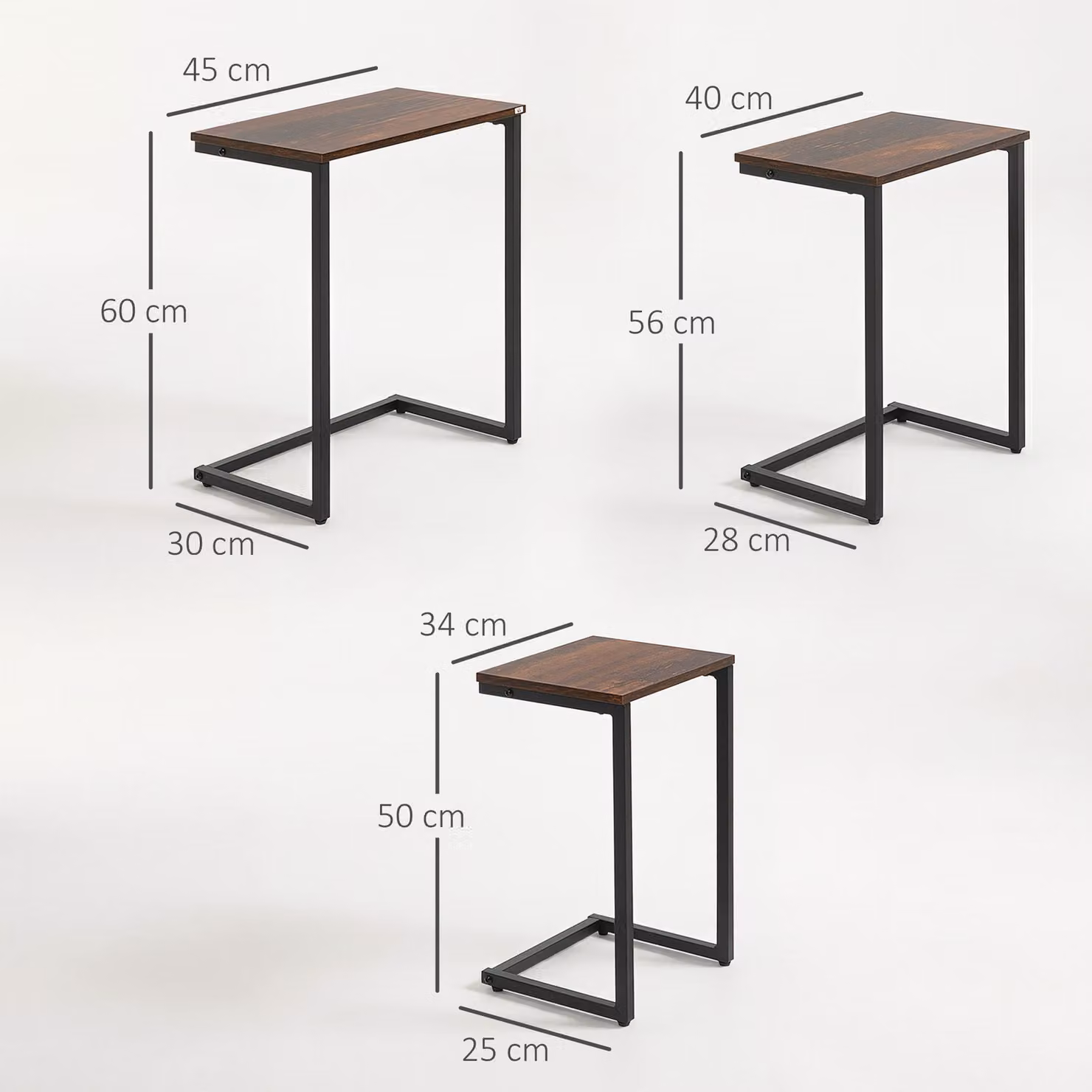 HOMCOM Set of 3 Nesting C-Shaped Side Tables with Steel Frame in Rustic Brown – 3