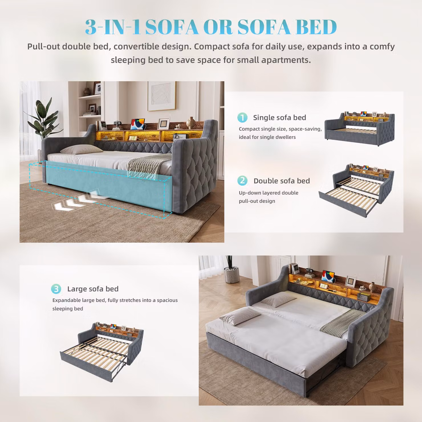 Aosom UK Velvet Upholstered Sofa Bed in Grey with LED Lighting and USB Charging, W/D/H: 107 x 190 x 80 cm – 4