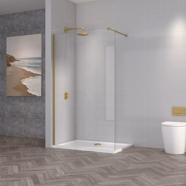 Bathroom Kingdom Vienna Frameless 8mm Wet Room Shower Glass Panel, Brushed Brass Gold, Width: 1000 mm
