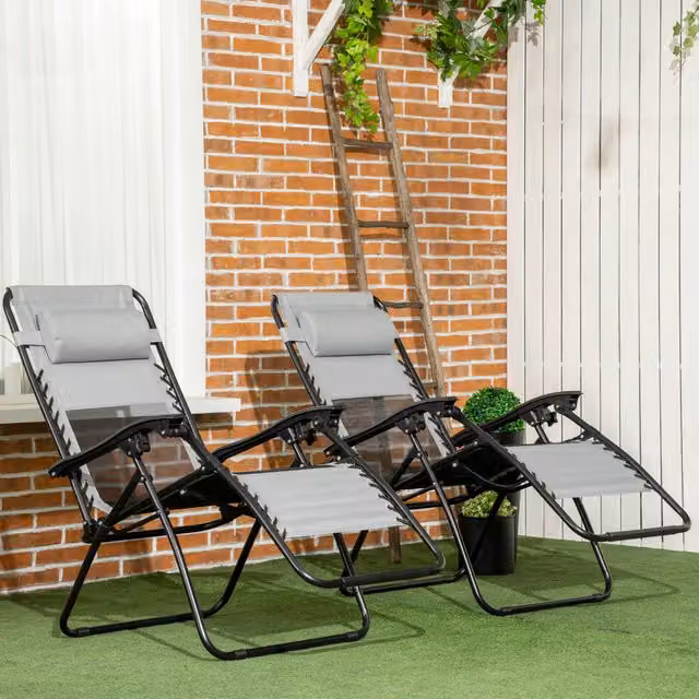 Outsunny Set of 2 Foldable Garden Recliner Chairs in Grey with Adjustable Headrest and Powder Coated Steel Frame