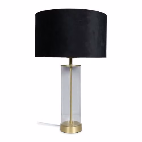 ValueLights Balan Glass and Gold Metal Table Lamp with Black Fabric Drum Shade and LED Bulb