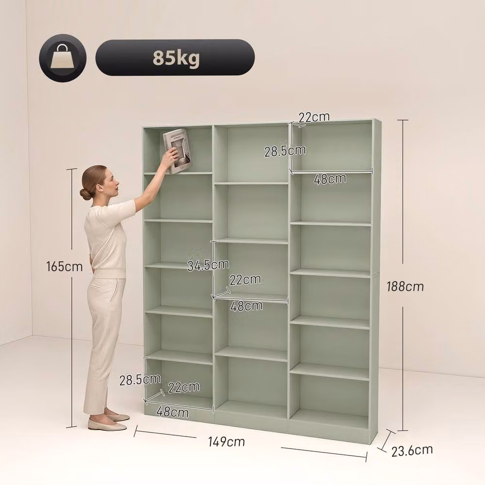 HOMCOM Modern Freestanding Open Storage Bookcase with 17 Adjustable Shelves in Matt Light Green, H: 188.0 cm x W: 149.0 cm – 2
