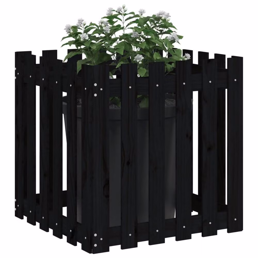 Berkfield Home Garden Planter with Fence Design in Black, Solid Wood and Plastic, W/D/H: 60 x 60 x 60 cm – 3