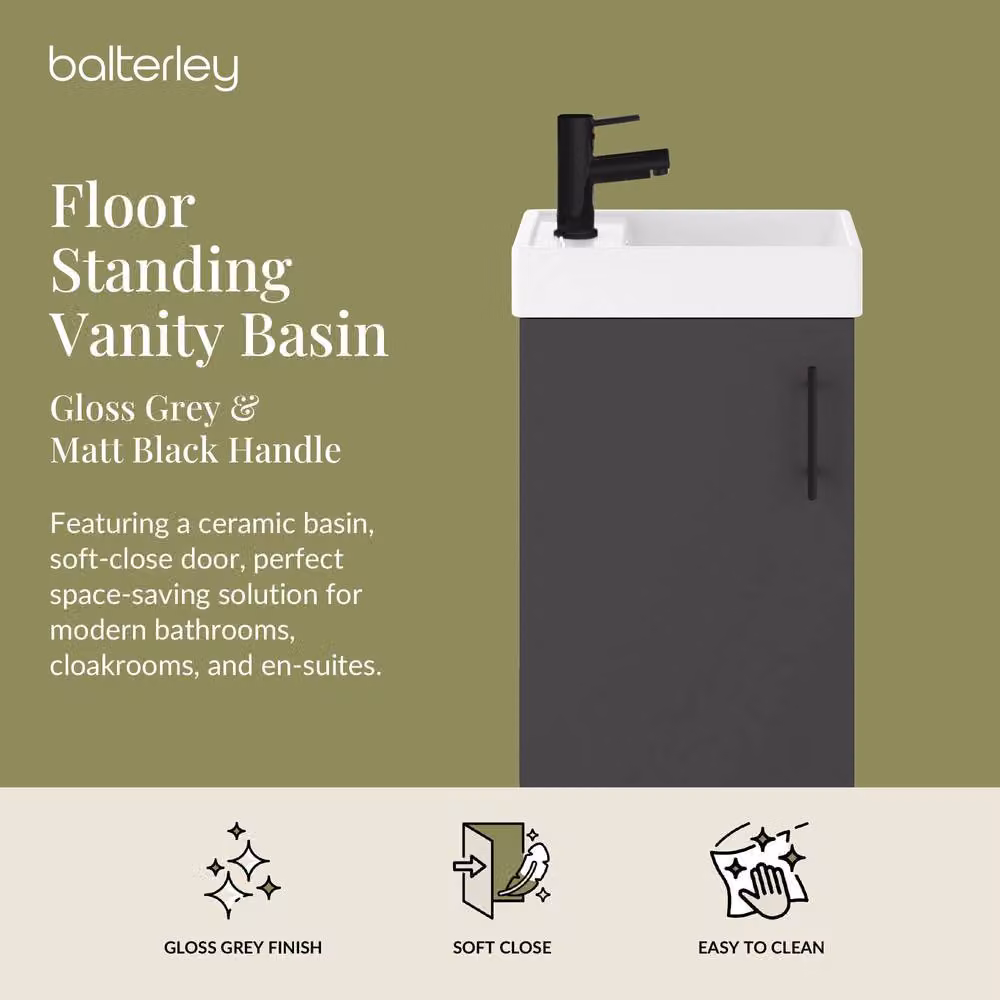 Balterley Gloss Grey Freestanding Floor Standing Vanity Basin with Matt Black Handle, Width: 40 cm, Height: 86.1 cm – 2