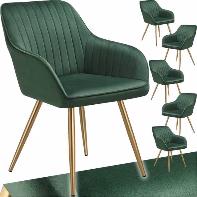 Tectake Marilyn Dining Chair Set of 6 in Dark Green Velvet with Gold Metal Legs