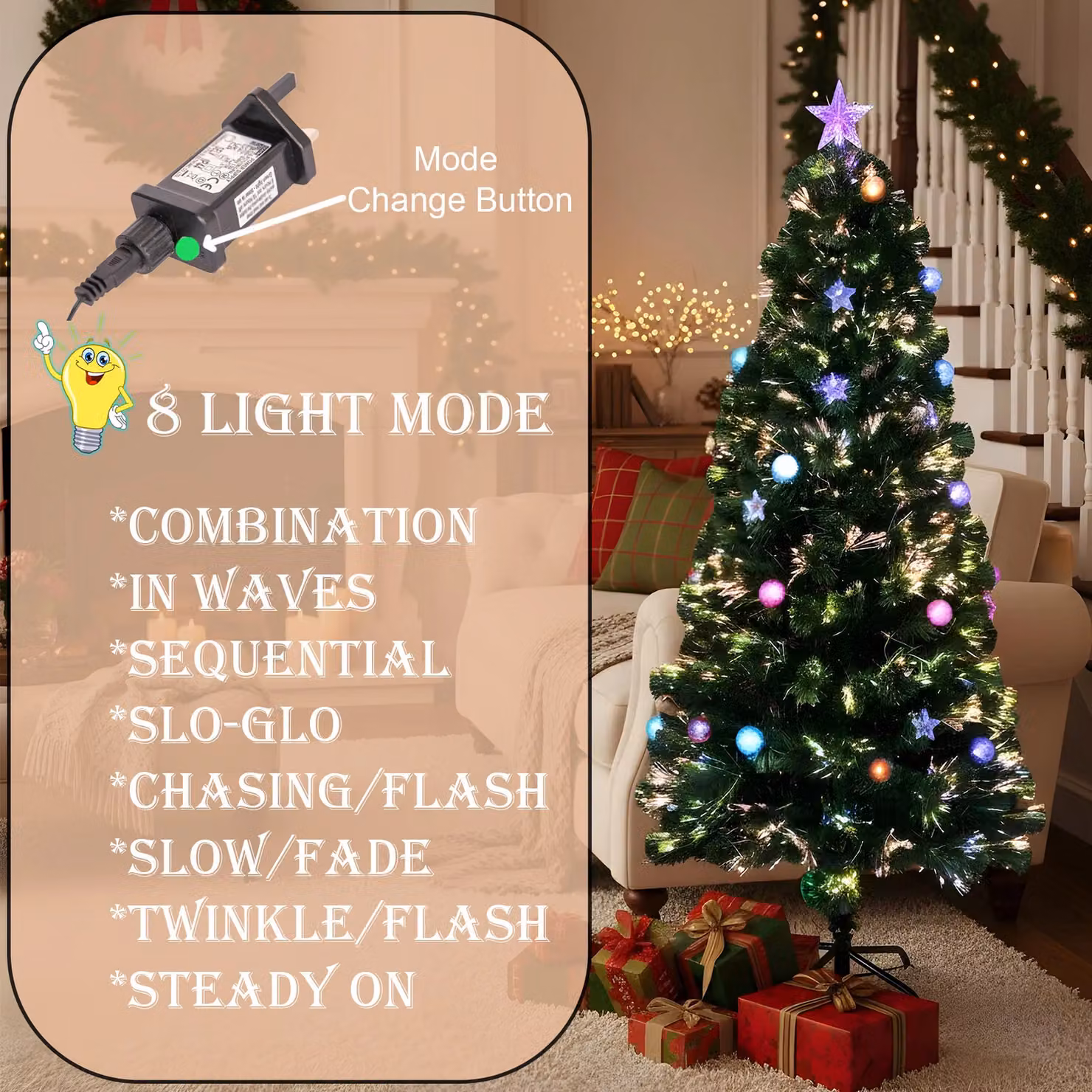 Shatchi 150 cm Green Fibre Optic Pre-Lit Christmas Tree with Multicolour Lights, Baubles and Star Topper – 10